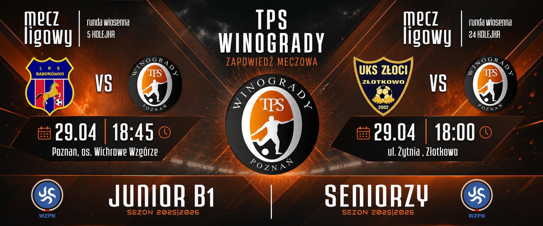 🟧JUTRO GRAMY ⬛️ŚRODA 29.04.2026 🟧SENIORZY 18:00, ZŁOTKOWO ⬛️JUNIORZY 18:45, WICH