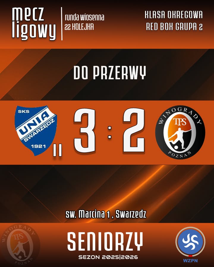 🟧Przerwa w spotkaniu seniorów TPS Winogrady 🆚 Unia Swarzędz II ⬛️Aż pięć goli mo