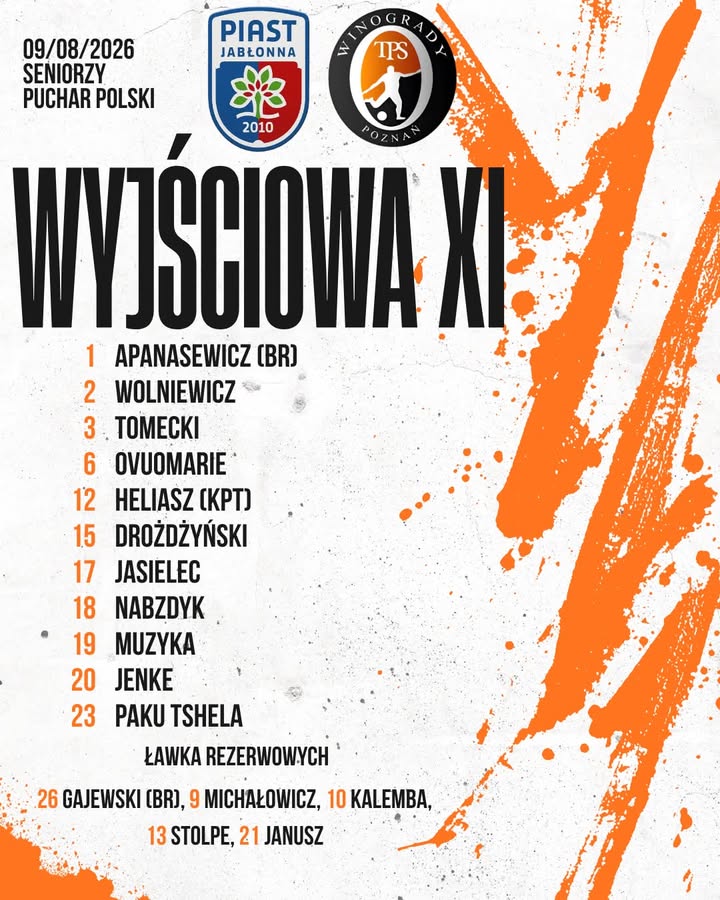 Nasza wyjściowa jedenastka na mecz z Piast Jabłonna 🫡 Trzymajcie kciuki za nasz 